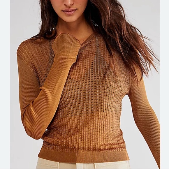 Free People H2O Crew Pullover Open Stitch Knit Top Gold XS OB1505557 - Picture 1 of 3